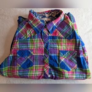 Tin Haul Plaid Western Snap Shirt Women’s XL Colorful Pink Blue Green Cowboy Rod